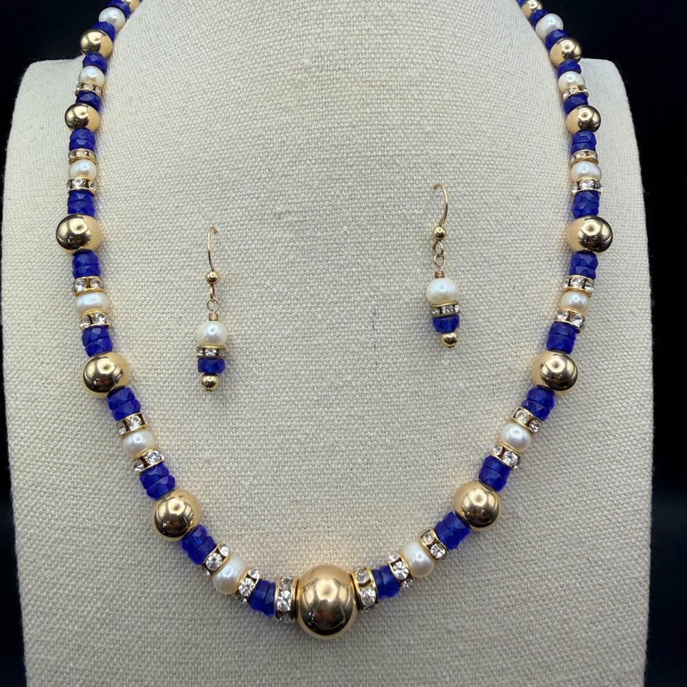 Cobalt Blue Glass & Genuine Pearl Necklace Set w/ Earrings | Rhinestone/gold Acc